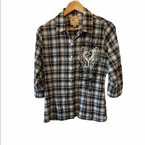 PINK ROSE Black,Grey&White Plaid Graphic Button Up